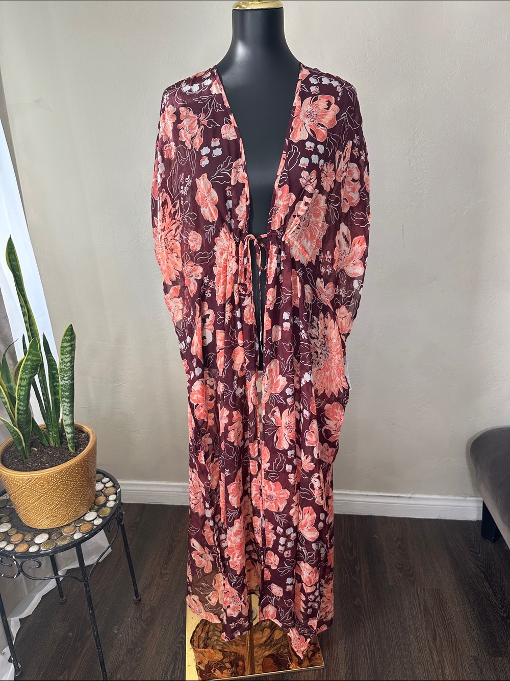 Floral Tie-kimono Maxi Dress in Burgundy and Coral
